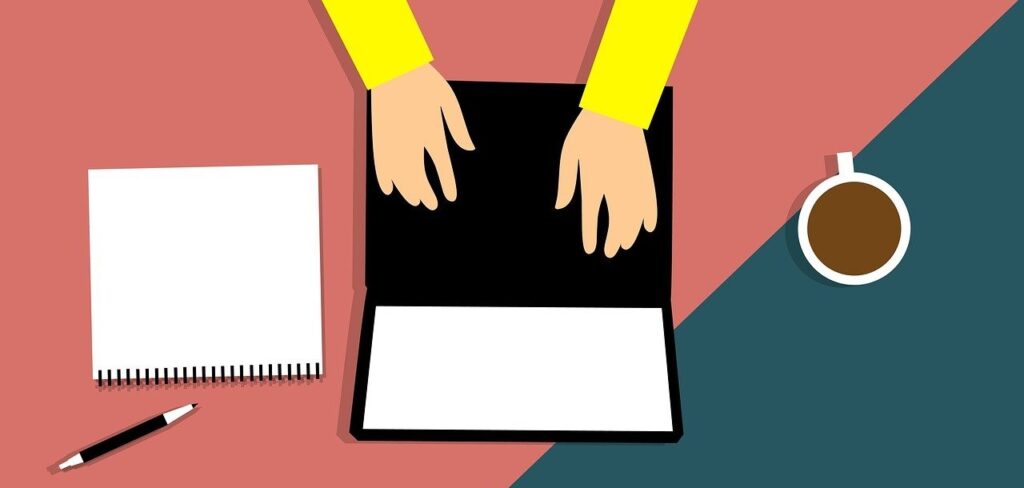 A top down graphic illustration of a pair of white hands on a laptop keyboard with a cup of coffee to the right and a notebook and pen to the left against a pink and teal background.