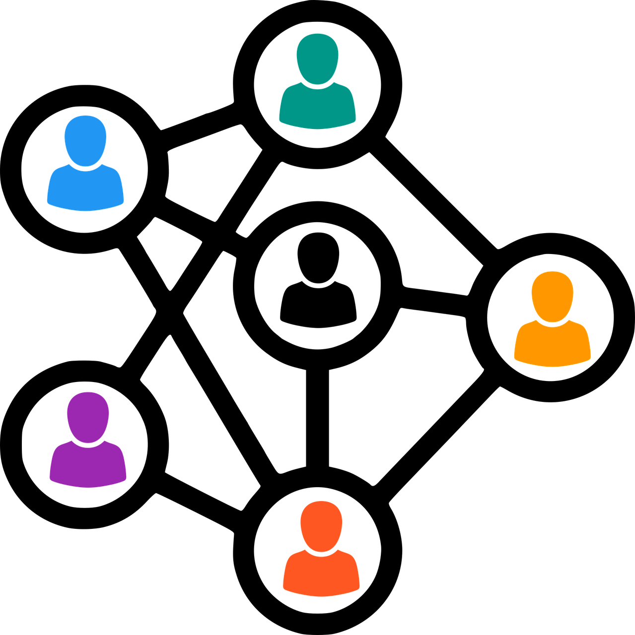 Graphic representation of six stylized human figures in various colors arranged in a network.