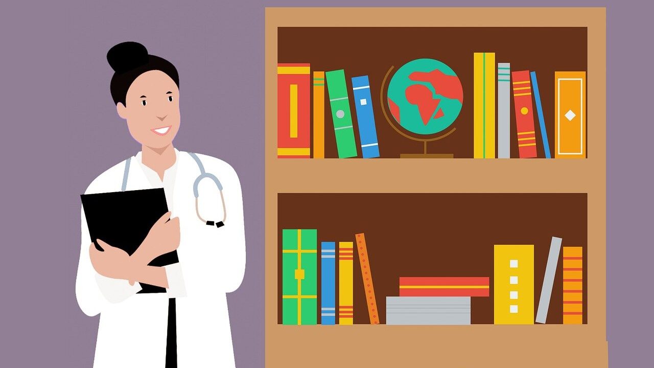 A graphic illustration of a woman in a female researchers beside a bookcase, against a light mauve background. 